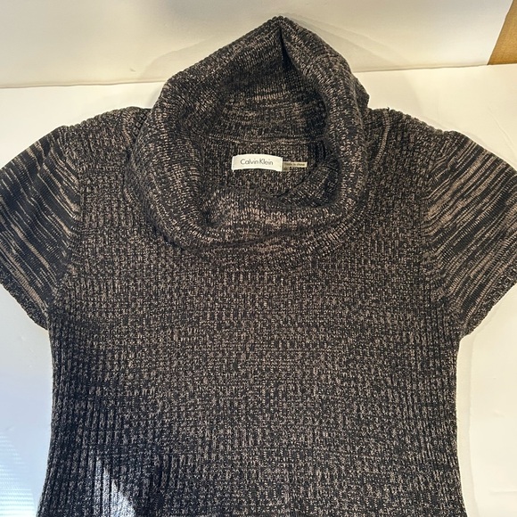 Calvin Klein Medium Petite BlackBrown Short Sleeve Cowl Neck Sweater Shift Dress - Picture 1 of 6